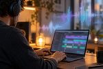 Estudio musical acogedor con visualizaciones de audio