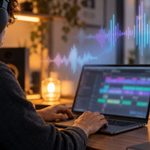 Estudio musical acogedor con visualizaciones de audio