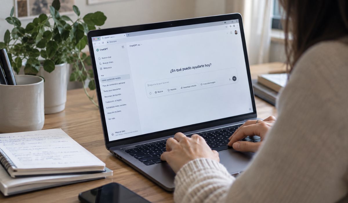 Mujer trabajando con ChatGPT en casa