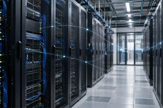 Pasillo de servidores y conexiones digitales