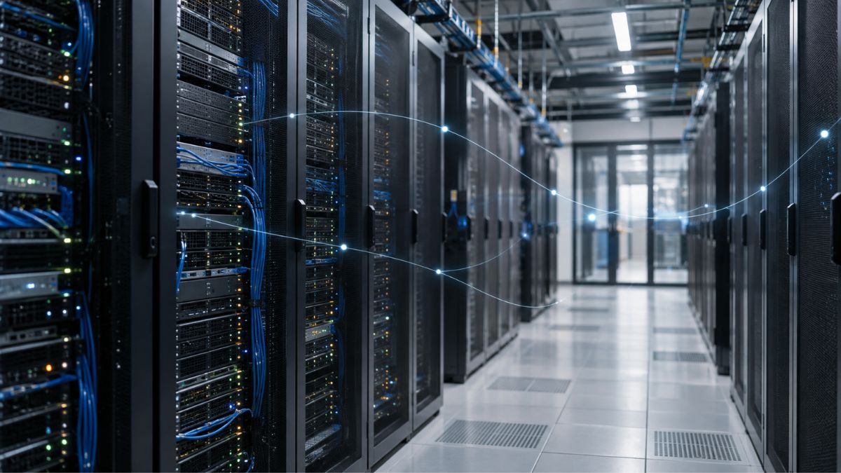 Pasillo de servidores y conexiones digitales